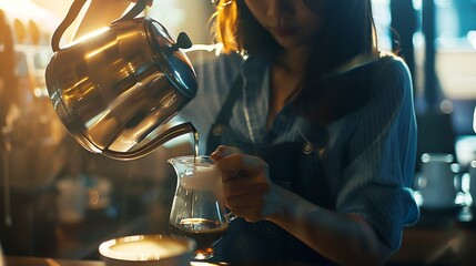 Waitress pouring hot drink during coffee break closeup : Generative AI - obrazy, fototapety, plakaty