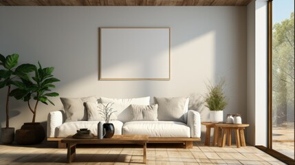 Minimalist house interior design with sofa and painting. Decoration with relaxing and modern tones. Cozy atmosphere.