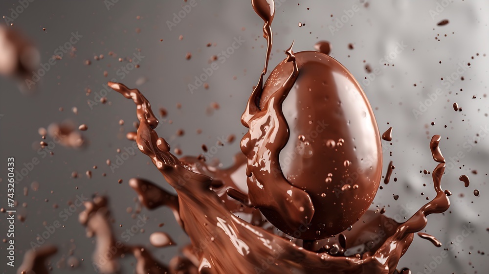 Poster exploded milk chocolate egg on grey background : generative ai