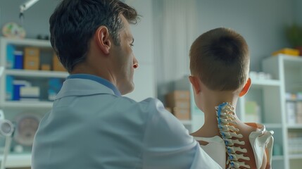 Orthopedist examining childs back in clinic Scoliosis treatment : Generative AI - obrazy, fototapety, plakaty