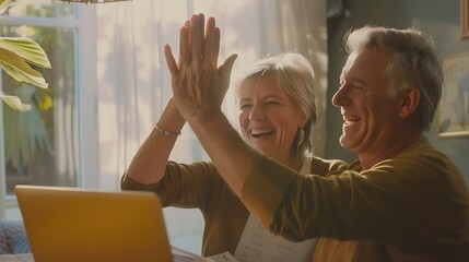 Overjoyed exited middle aged married couple giving high five finishing doing domestic paperwork together at home Euphoric happy older mature spouses celebrating successful investment o : Generative AI