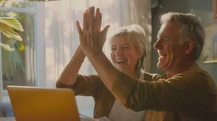 Fotobehang Overjoyed exited middle aged married couple giving high five finishing doing domestic paperwork together at home Euphoric happy older mature spouses celebrating successful investment o : Generative AI © Generative AI