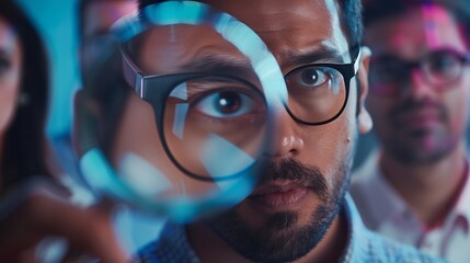 Male hr manager holding magnifying glass head hunting choosing finding new unique talent indian female candidate recruit among multiethnic professional people faces collage Human resou : Generative AI