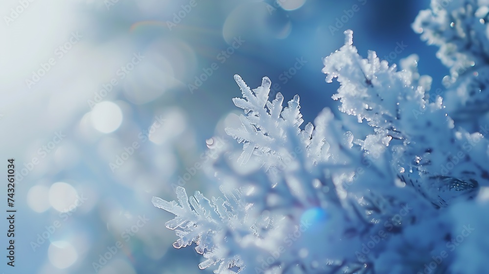 Poster light soft snowy christmas background backdrop decorative blue snowflakes closeup macro in snow on n