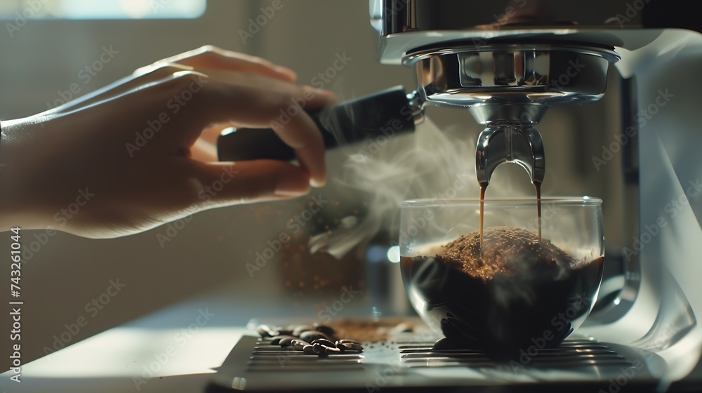 Poster female hands holding portafilter and making fresh aromatic coffee at home using a modern coffee make