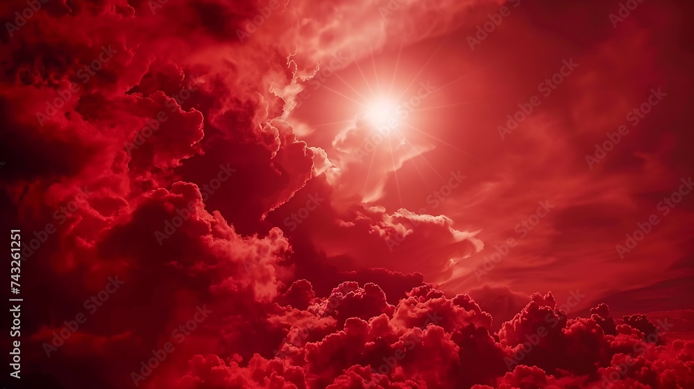 Poster red sky with clouds fiery red sunset background with copy space for design horror cataclysm armagedd