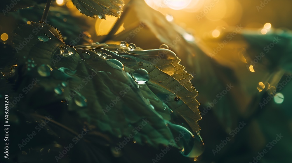 Leinwandbilder an amazingly beautiful macro image of water or dew drops on a green leaf of a plant with sunlight re