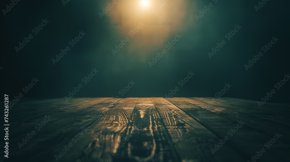 Fototapete image of a wooden table on an abstract dark background with light in the center : Generative AI