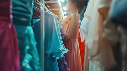 Shopping concept woman choosing dress during shopping at garments apparel clothing shop : Generative AI - obrazy, fototapety, plakaty