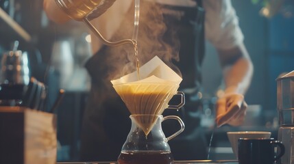 Barista is making drip brewing filtered coffee or pour over coffee with hot water and filter paper in coffee shopvintage tone : Generative AI - obrazy, fototapety, plakaty