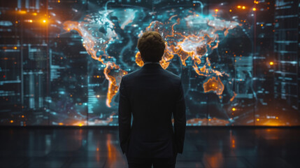 The investor stands in front of a holographic world map depicting different global economies. With a flick of their hand holographic graphics appear to illustrate the potential - obrazy, fototapety, plakaty