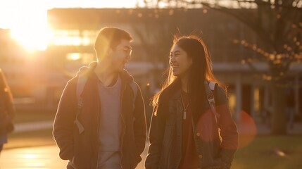 Two happy students walking and talking each other in a campus at sunset with a warm light : Generative AI