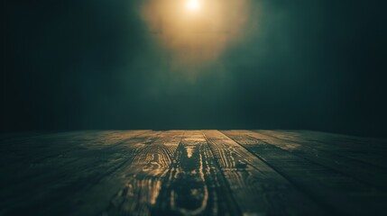image of a wooden table on an abstract dark background with light in the center : Generative AI