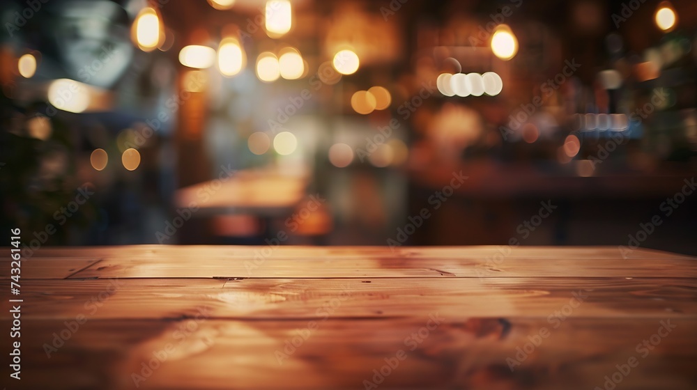 Poster top of empty wood table with bar cafe restaurant blurred background product display template busines