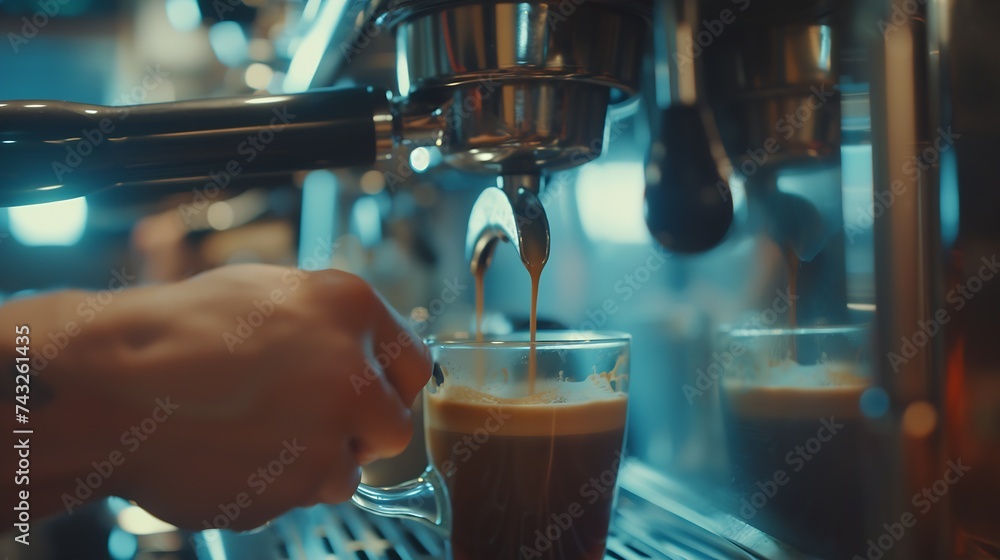 Poster selective focus portafilter on hand barista making coffee with espresso coffee machine in coffee sho