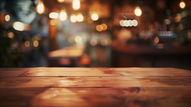 Top of empty wood table with Bar Cafe Restaurant blurred background product display template Business presentation : Generative AI