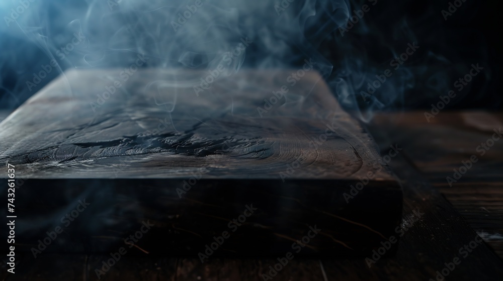 Poster old wood table top with smoke in the dark background : generative ai