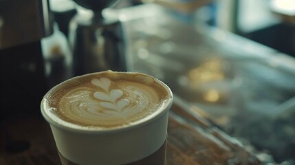 Making of latte art in paper cup by barista Milk and coffee in vintage color : Generative AI