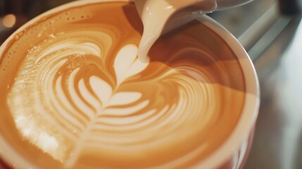 Barista making pouring stream milk with coffee latte art pattern heart shape : Generative AI