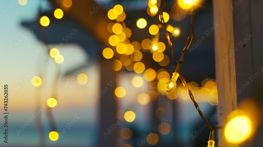 Poster blurred bokeh light with yellow string lights decor in beach restaurant at dusk of summer background : Generative AI