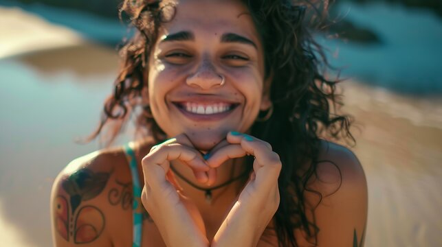 Close up image of smiling woman in swimwear on the beach making a heart shape with hands Pretty joyful woman laughing at camera outside Healthy lifestyle self love and body care concep : Generative AI