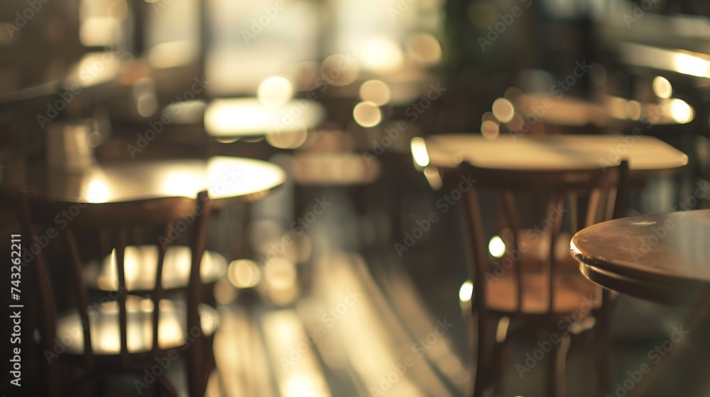 Poster Blurred bokeh of the dining tables and chairs in vintage style image : Generative AI
