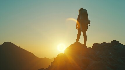 Success woman hiker hiking on sunrise mountain peak Young woman with backpack rise to the mountain top Discovery Travel Destination Concept : Generative AI