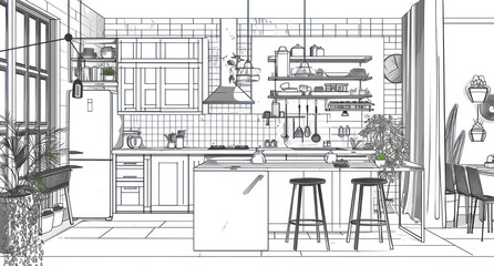 Modern Kitchen Design: Detailed Architectural Illustration of a White Interior, Drawing out the Concept for a New Home Project