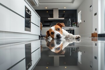 jack russell terrier dog lying on the floor in the kitchen at home - obrazy, fototapety, plakaty