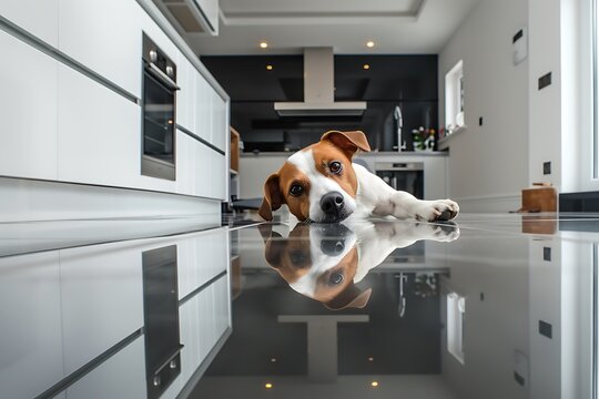 jack russell terrier dog lying on the floor in the kitchen at home