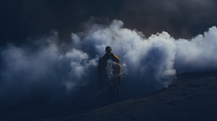 Cinematic appearance of a man among colored clouds. Mysterious person among smoke bombs