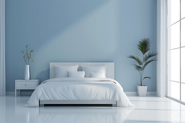 minimalist bedroom interior with bed and window and green plant in pot