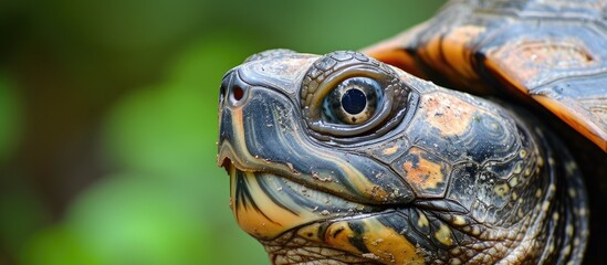 Obraz premium In this close-up shot, the intricate features of a turtles face are highlighted against a blurred background. The details of its eyes, beak, and scales are clearly visible, providing a fascinating