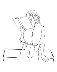 Stylish illustration of a woman reading a book on a table