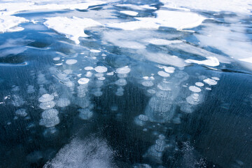 methane gas bubbles trapped in frozen lake