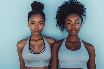 portrait of two young girls with an athletic build and slim figure wears a sports top isolated on a color background - obrazy, fototapety, plakaty