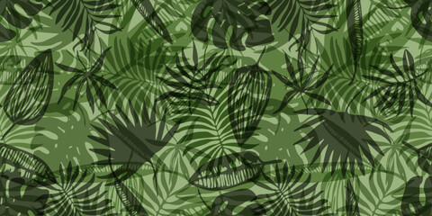 Bright moss green seamless pattern with overlay mess of tropical leaves. Trendy exotic rainforest plants texture for textile, wrapping paper, surface print, wallpaper, background