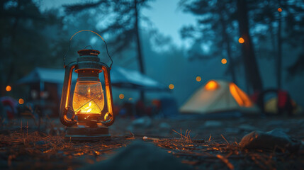 A burning lantern on the ground in a campsite at night