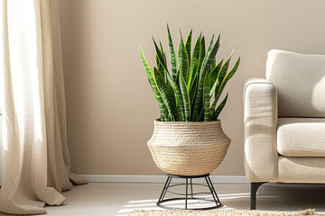 potted sansevieria plant on stand in home interior