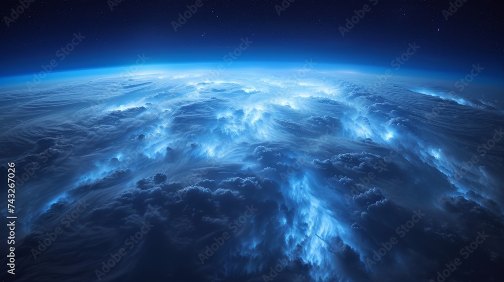 Poster closeup of the delicate wispy texture of noctilucent clouds high in the atmosphere glowing in the tw