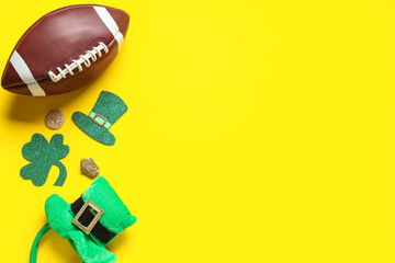 Rugby ball with leprechaun's hat, gold and clovers on yellow background. St. Patrick's Day celebration