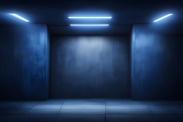 Empty underground garage with blank space and gray walls into a modern, minimalist environment.3D rendering features glowing lights illuminating the cement concrete floor of the dark room.