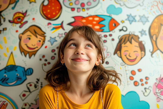 Cute little girl in front of a colorful wall background with drawings