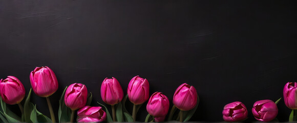 Border of beautiful pink tulips on dark shabby wallpaper background