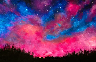 Tuinposter Hand painted background Oil painting acrylic on canvas beautiful night landscape with blue purple starry sky on  background of black grass © Original Painting