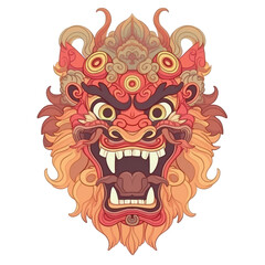 An illustration of the head of a barong with orange-red fur