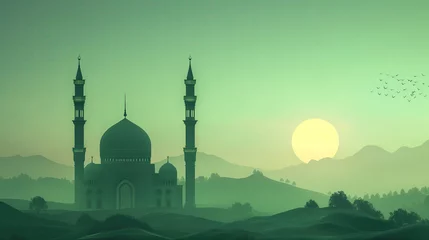 Zelfklevend Fotobehang Green background illustration of a mosque. Generative AI © Munying