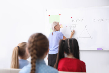 Mature teacher and students in modern classroom