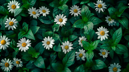 Top view of white daisies with dark green foliage