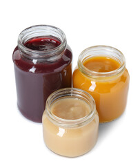 Baby food. Different healthy puree in jars isolated on white